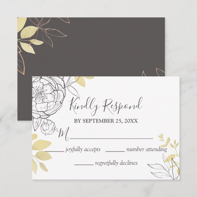 Placa RSVP de Casamento Floral de cinzas e Dourada (Frente/Verso)