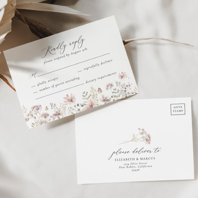 Placa RSVP de Casamento Floral de Flor Rosa-Rosa-R (RSVP Card Front/Back)