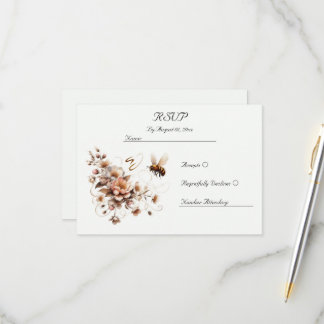 Placa RSVP de Casamento Floral e Abelha Elegante