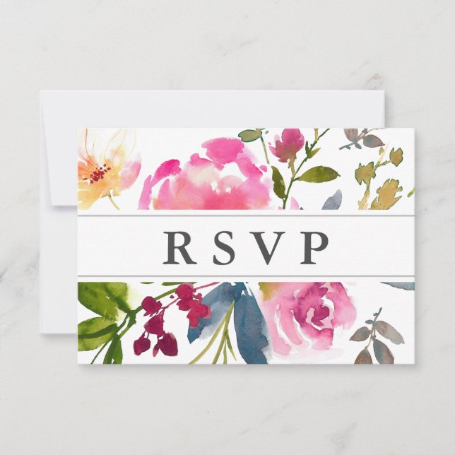 Placa RSVP de Casamento Floral Rosa com Opções de  (Frente)