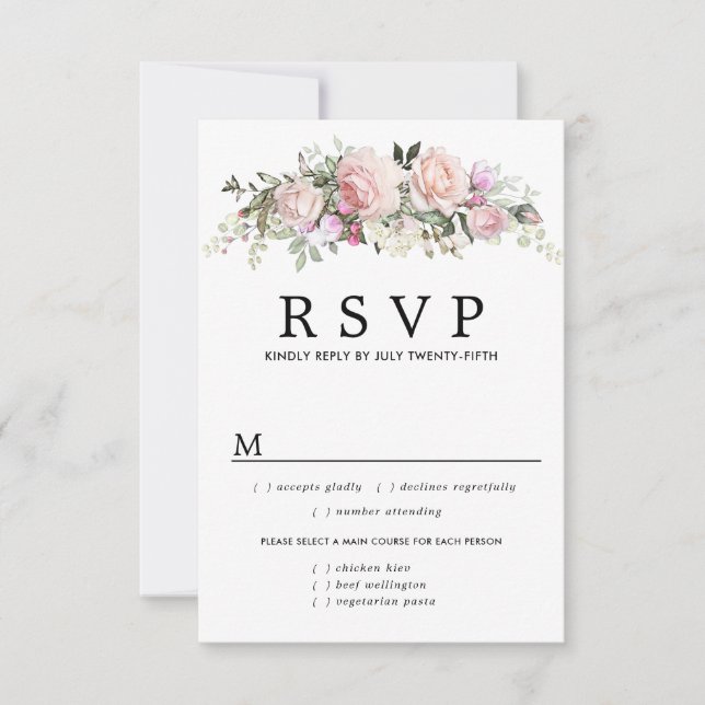 Placa RSVP de Casamento Floral Rosa, Opções de Ref (Frente)