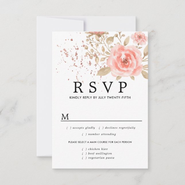 Placa RSVP de Casamento Floral Rosa, Opções de Ref (Frente)