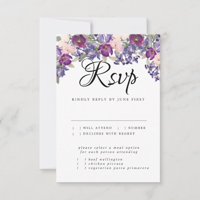 Placa RSVP de Casamento Floral Roxo com Escolha de (Frente)