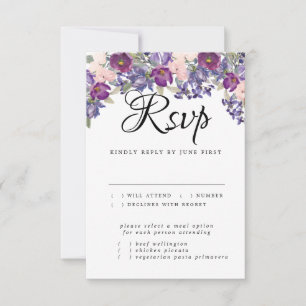 Placa RSVP de Casamento Floral Roxo com Escolha de