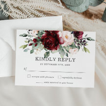 Placa RSVP de Casamento Floral Rustic Burgundy Blu