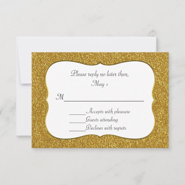 Placa RSVP de Casamento Glitter Dourado Glam (Frente)