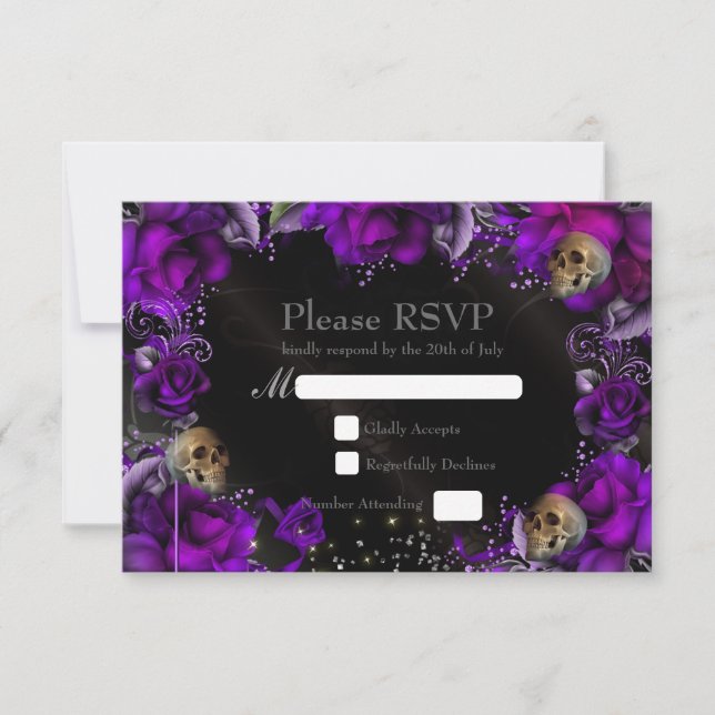 Placa RSVP de Casamento Gótico de Rosas e Skulls R (Frente)