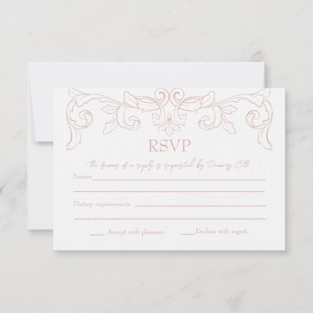 Placa RSVP de Casamento Rococo Rosa Blush (Frente)