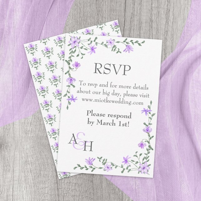 Placa RSVP de Casamento Roxo Claro (purple, lavender, light blue mixed floral patterns, rose vines, bouquets wedding rsvp enclosure card)