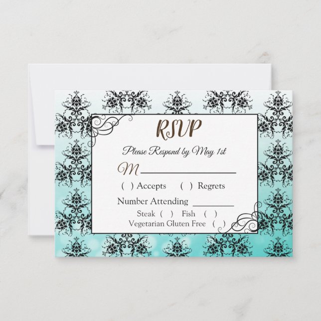 Placa RSVP de Casamento tema damasco Preto e Teal (Frente)