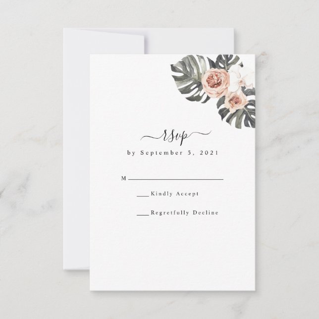Placa RSVP de Casamento Tropical Floral & Palm Boh (Frente)