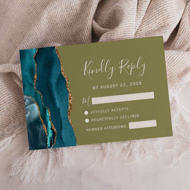 Placa RSVP de Casamento Verde de Oliva Dourada Tea (Criador carregado)