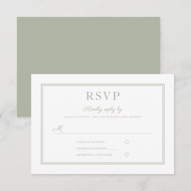 Placa RSVP de Casamento Verde de Sage do Escrito M (Frente/Verso)