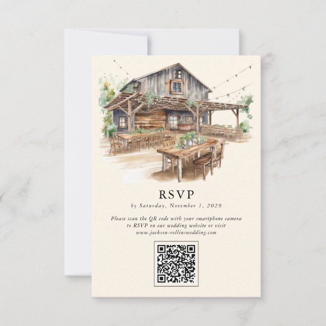 Placa RSVP de Código QR de Barn Russo Elegante (Frente)