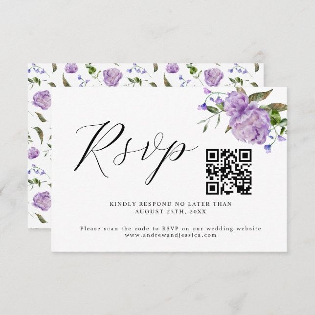 Placa RSVP de Código QR de Casamento Floral Roxo (Frente/Verso)