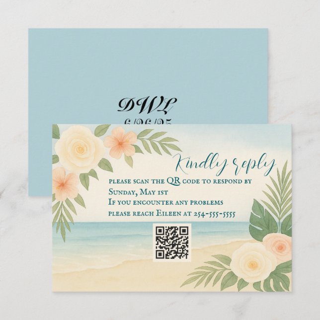 Placa RSVP de Código QR de Praia Floral Amigável p (Frente/Verso)