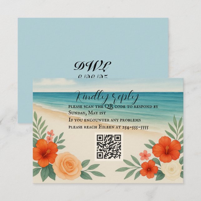Placa RSVP de Código QR de Praia Floral Vibrante (Frente/Verso)