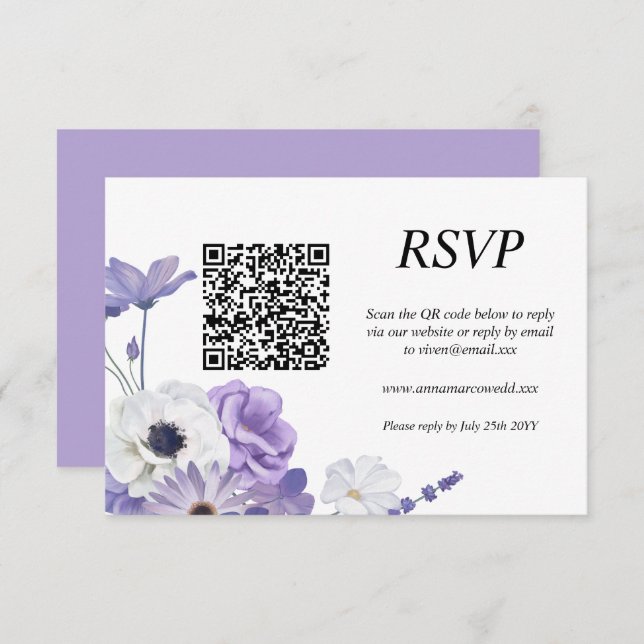 Placa RSVP de Código QR Floral Roxo (Frente/Verso)