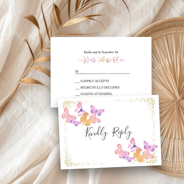 Placa RSVP de Confetti Dourada Rosa , borboleta Cé (RSVP cards from my Butterfly Skies Quinceanera collection)