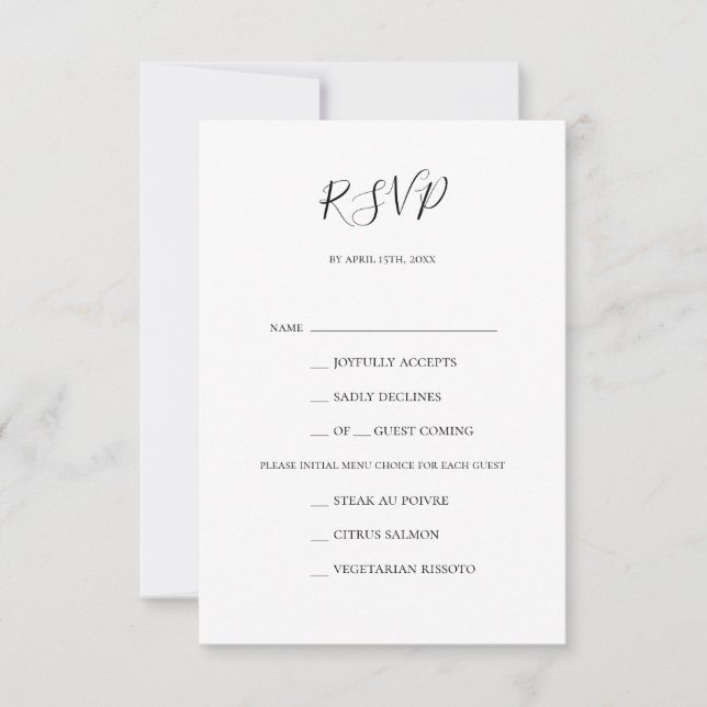 Placa RSVP de Escolha de Menu Elegante Simples (Frente)
