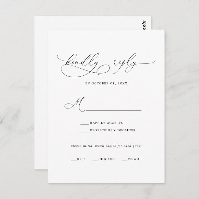 Placa RSVP de Escolha do Menu de Caligrafia Preta  (Frente/Verso)