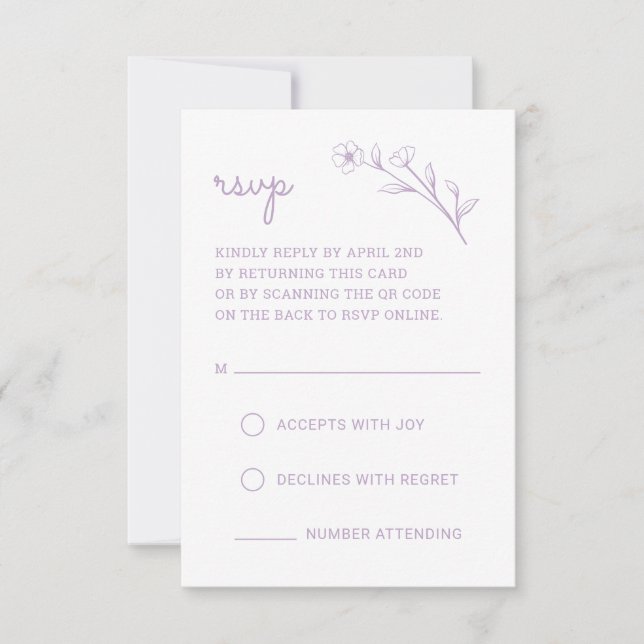 Placa RSVP de flor selvagem com código QR em Lilac (Frente)