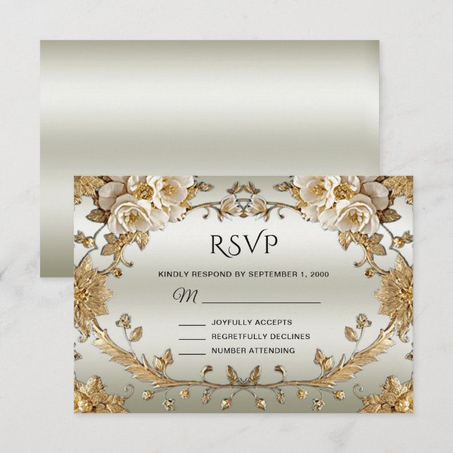 Placa RSVP de Flores Brancas do Ornamentado ouro (Frente/Verso)