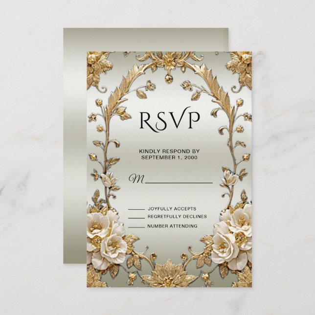 Placa RSVP de Flores Brancas do Ornamentado ouro (Frente/Verso)