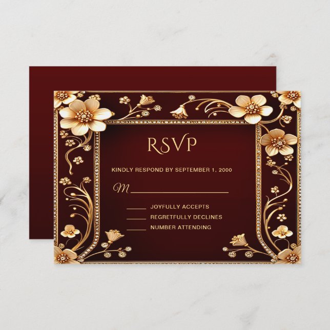 Placa RSVP de Flores de Ouro Burgundy (Frente/Verso)