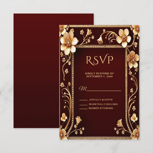 Placa RSVP de Flores de Ouro Burgundy (Frente/Verso)