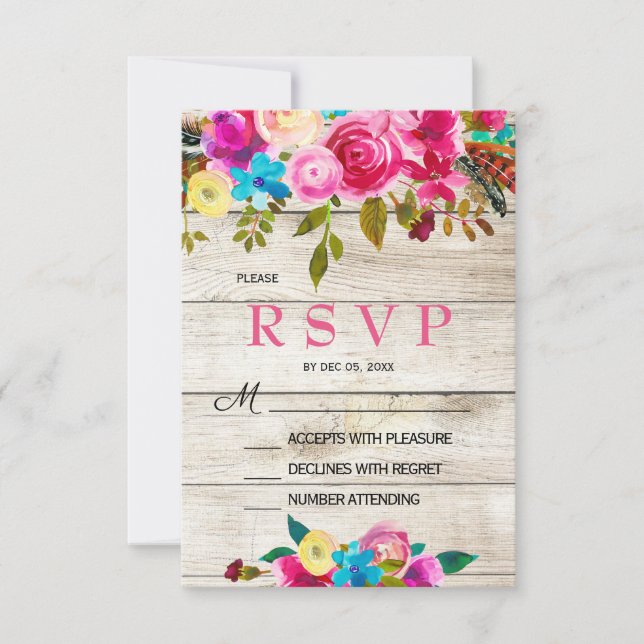 Placa RSVP de Madeira Floral com primavera Pink Wa (Frente)