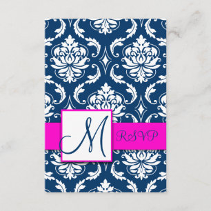 Placa RSVP de Monograma Azul Damasco Monograma Mar