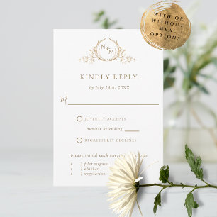 Placa RSVP de Monograma Branco e Dourada Elegante