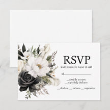 Placa RSVP de Opções de Menu Floral Preto e Branco