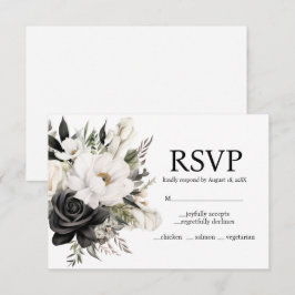 Placa RSVP de Opções de Menu Floral Preto e Branco