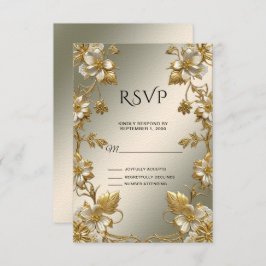 Placa RSVP de Ornamentado Dourado Branco Floral
