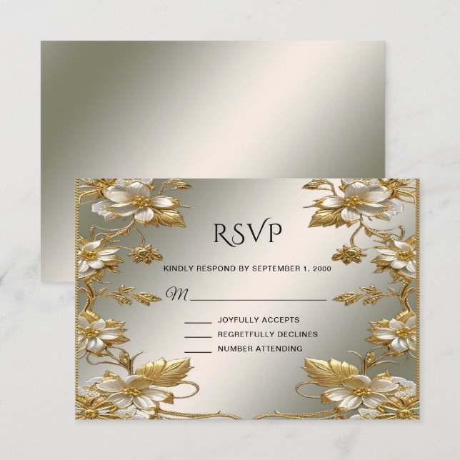 Placa RSVP de Ornamentado Dourado Branco Floral (Frente/Verso)