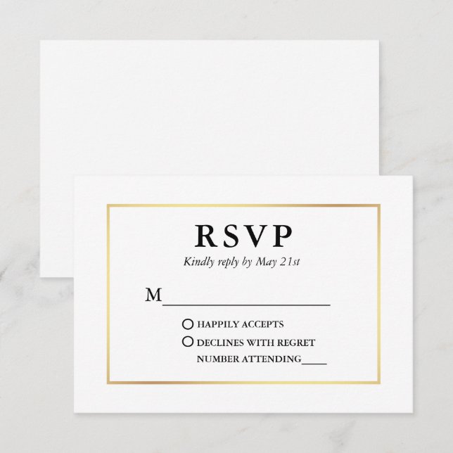 Placa RSVP de Quadro Dourado Preto Elegante Modern (Frente/Verso)