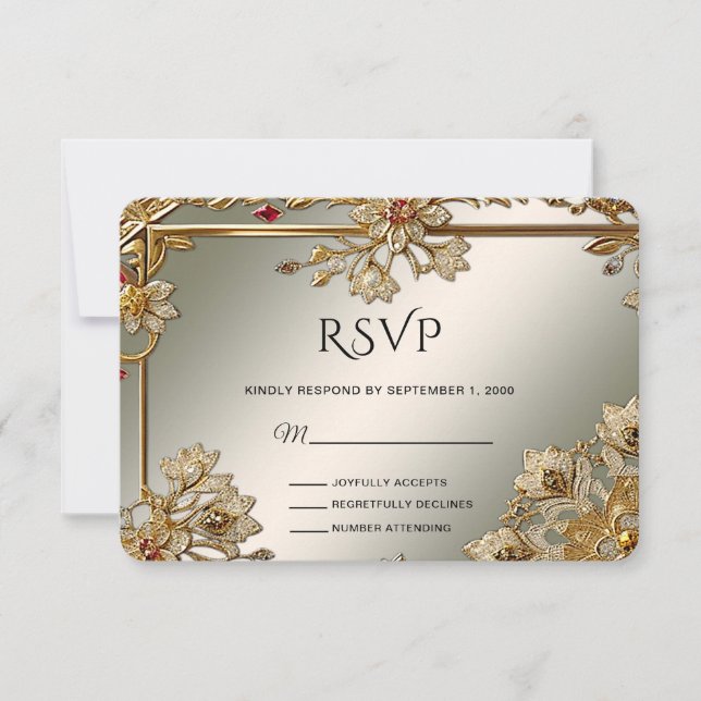 Placa RSVP de Quadro Floral de Ornamentado Dourado (Frente)