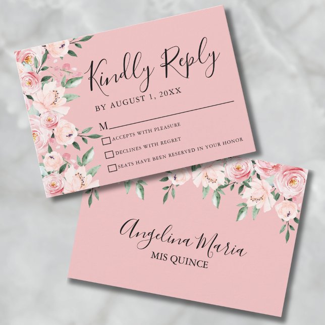 Placa RSVP de Quinceanera Floral Rosa (Pink Floral Quinceanera RSVP Card)