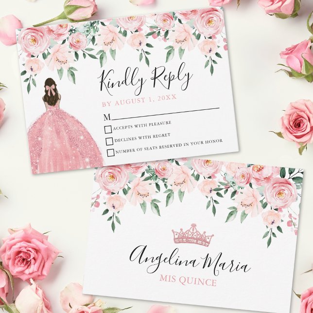 Placa RSVP de Quinceanera Rosa Blush (Floral Blush Pink Quinceanera RSVP Card)