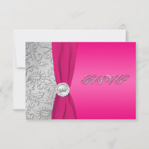 Placa RSVP de Quinceanera, rosa e prata Damasco,