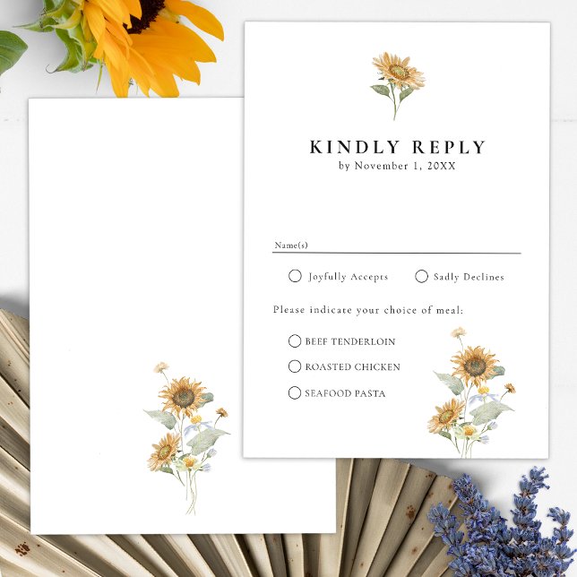 Placa RSVP de Refeições de Girassol (Elegant Minimalist Sunflower Wildflower Floral Meals RSVP Card by Painted Paperie
)