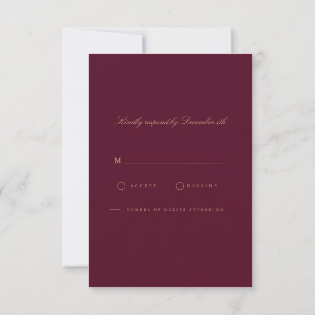 Placa RSVP de Script Dourado e Borgonha Elegante (Verso)