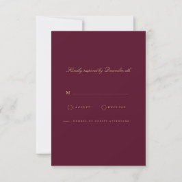 Placa RSVP de Script Dourado e Borgonha Elegante