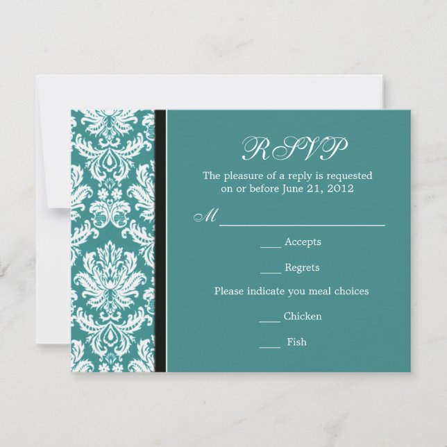 Placa RSVP de Teal Damask Clássica (Frente)