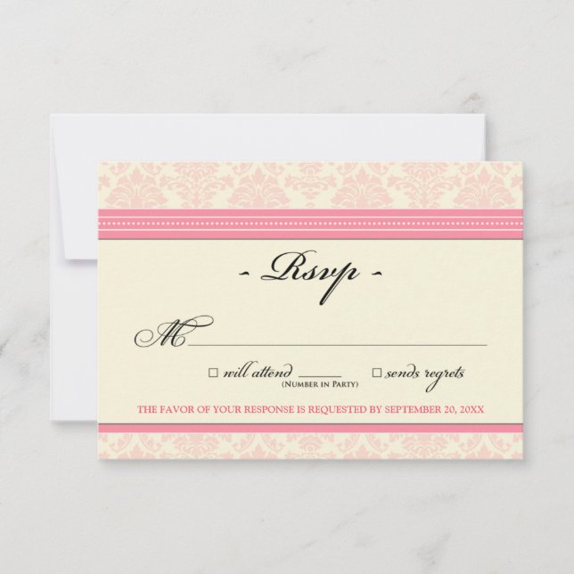 Placa RSVP do Damask Elegante (rosa/creme) (Frente)