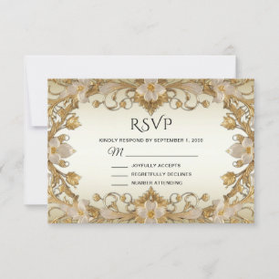 Placa RSVP Dourada decorativa de flores brancas