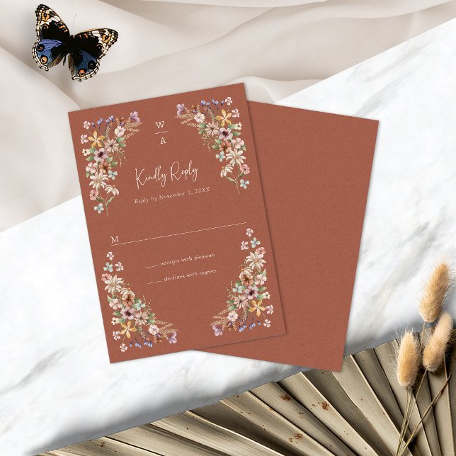 Placa RSVP Floral Boho Terracotta (Boho Terracotta Floral RSVP Card Monogram by Painted Paperie
)