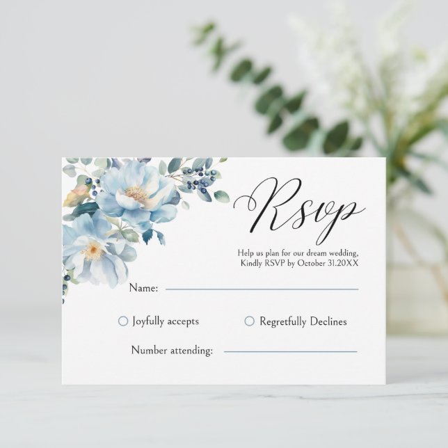 Placa RSVP Floral Botânica Dusty Blue (Em pé/Frente)